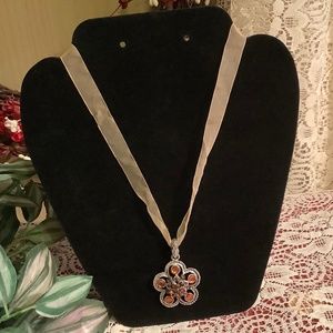 Ribbon Necklace with flower look PENDANT amber stones set in silvertone